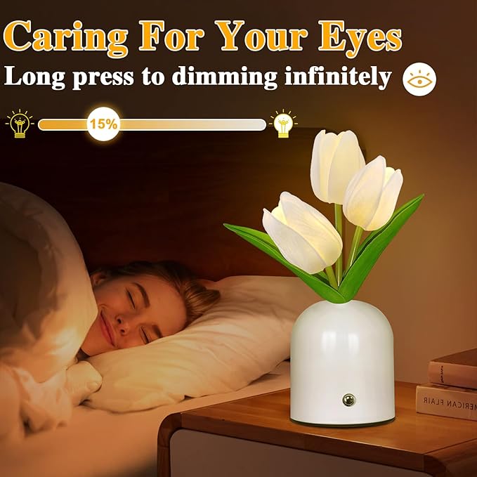 Birthday Gifts for Women/Mom Table Lamp, 3 Color Crystal Flower Bedside Lamps Infinitely Dimming with USB Charge Small Night Light,Nightstand Touch Lamp for Bedroom (S-White)