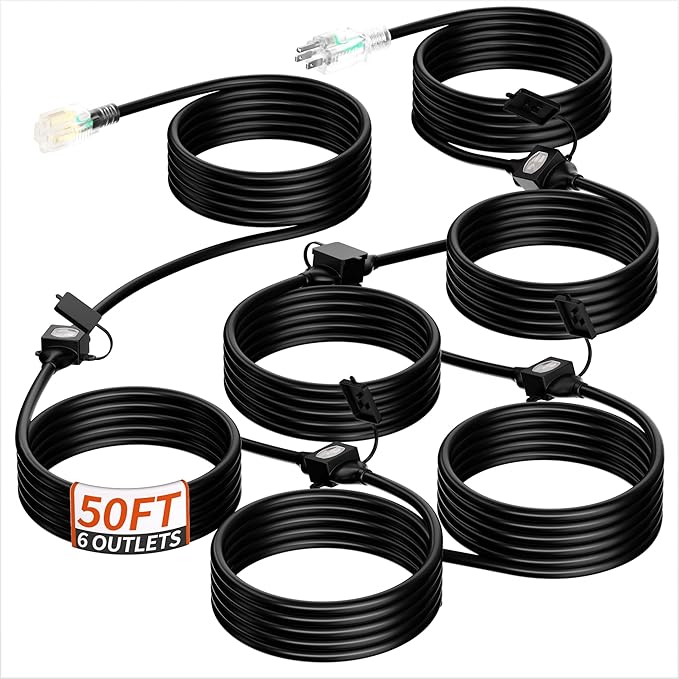 50 FT Outdoor Extension Cord with Multiple Outlets, 16/3 Gauge Extension Cord Evenly Spaced 6 Outlets Plugs with Lighted Waterproof, 13AMP 1625W 125V 16AWG SJTW Black, ETL Listed