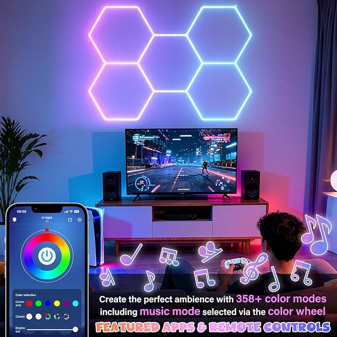 ALLYES Hexagon RGB LED Lights - Color Changing Wall/Ceiling Lights with Music Sync Dimmable & Speed Adjustable Modes, App & Remote Control, Multi-Scene Decor for Gaming Room, Bar, Party, Gym, Garage