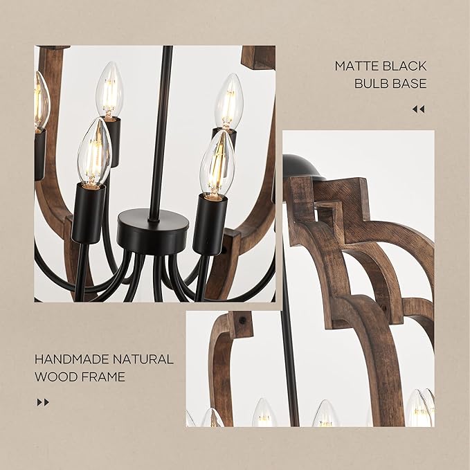24.6" Farmhouse Vintage Chandelier 8-Light for Dining Room Rustic Handmade Wood Hanging Ceiling Pendant Light Fixture for Entryway Brown Retro Chandeliers for Kitchen Bedroom Foyer Hallway