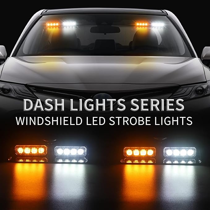XRIDONSEN 2 in 1 Emergency Dash Strobe Lights Interior Windshield Lights Amber White Warning Hazard Safety Flashing w/Suction Cups for Construction Vehicles, Trucks Car (2×7.16 inch, 16 LED)