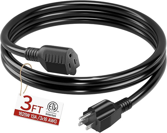 16/3 Short Extension Cord 3 FT, Black Extension Cord Flexible & Durable, Indoor 3 Prong Power Cable, Suitable for Home and Office, 13 Amp 1625 Watt 125VAC 16AWG, ETL Listed
