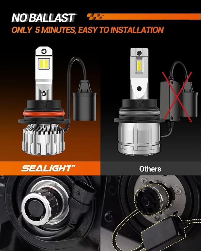 SEALIGHT 9007/HB5 Bulbs 38000LM Ultra-Brighter, 9007 Bulbs 6500K Cool White Fog Lights, 60000+ Hours lifespan with 15000RPM Cooling Fan, 1:1 Mini Size Quick Install Plug and Play, Pack of 2