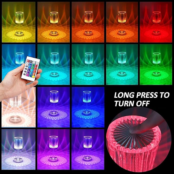 Rose Crystal Table Lamp, 16 Color Changing, Touch & Remote Control, USB Rechargeable, Modern Style