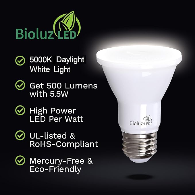 Bioluz LED PAR20 Bulbs 5000K Daylight 90 CRI 5.5W = 75W Replacement Dimmable LED Light Bulbs, 500 Lumens, UL Listed, Title 20, 48-Pack - Incandescent & Daylight Light Bulbs
