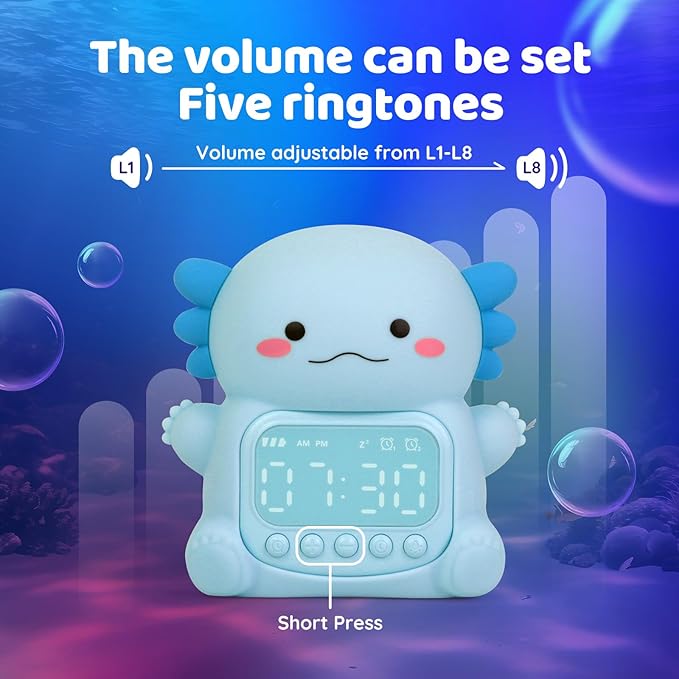Axolotl Alarm Clock with Night Light for Kids, Rechargeable Silicone Lamp Time to Wake Clock Cute Animal Tabletop Lamp, Perfect Sleep Companion for Boys Girls, Blue