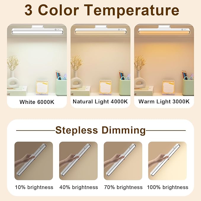 Desk Light Bar 3000K to 6000K Adjustable Color Temperature Under Desk Lights LED Bright Rechargeable Magnetic Light Bar for Home Office,Reading,Bedroom,Home Office,Dorm,Shelf