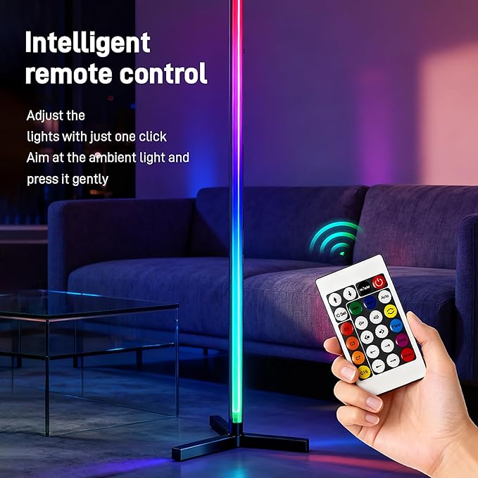 RGB LED Corner Floor Lamp, 16 Million Colors with Music Sync & Remote Control, Dimmable Foldable Minimalist Floor Lamp for Gaming Room, Living Room, Bedroom, Christmas Party Decor