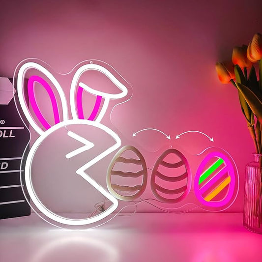 Easter Neon Sign for Wall Decor Bunny Led Sign Cute Rabbit Neon Light Easter Decorations Dimmable Funny Egg Light Up Sign for Window Spring Bar Living Room Home Holiday Bedroom Party Gifts