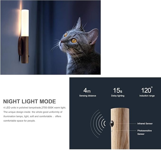 Motion Sensor Night Light, Motion Activated Night Light,Wall Lights Battery Operated,Rechargeable Wall Lights,Suitable for Kids Bathroom，Corridors, Closet ，Stairs, Bedrooms (Walnut Wood 1PC)