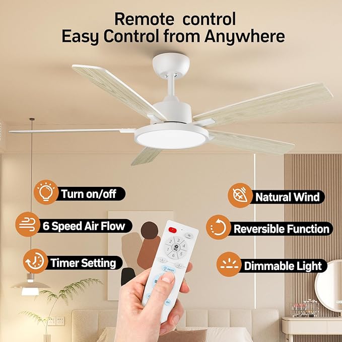 TALOYA 52 Inch White Ceiling Fans with Lights Led Back Light Remote Control Flush Mount Low Profile for Bedroom Living Room Outdoor Patio,Reversible,DC Motor,3 Color Temperatures,5 Blades