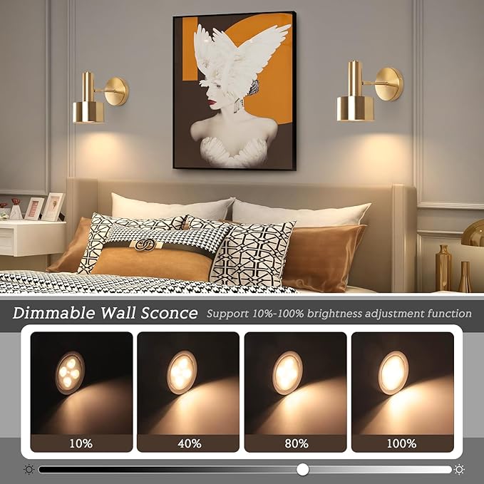 Battery Operated Wall Lights Set of 2, Wireless Battery Powered Wall Sconce, Modern Metal Indoor Wall Lamp, Dimmable with Remote, Suitable for Living Room Bedroom Golden-Like Brass Finish
