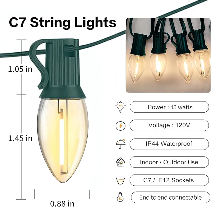 25FT C7 Christmas Lights Outdoor, Warm White LED String Lights with 25 Clear Bulbs for Roof Line, Fence, Xmas Trees Decor, Green Wire