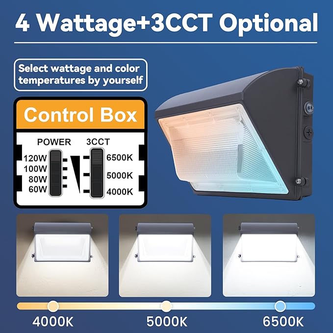 120W LED Wall Pack Light with Photocell 6Pack, 4000/5000/6500K 3CCT, 60/80/100/120W Switchable, Commercial and Industrial Outdoor LED Wall Lights for Parking Lot Warehouses, 100-277VAC, ETL Listed