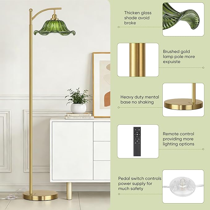 Gold Floor Lamp for Living Room, Dimmable Mid Century Modern Standing Lamp with Remote Control and Green Glass Shade, 68" Tall Lamp for Bedroom, Vintage Retro Antique Glass Flower Lamp, Brushed Gold