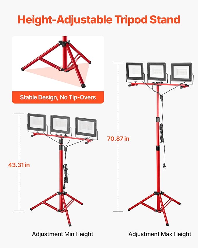 VEVOR LED Work Light with Stand, 21000 Lumens, Three-Head Portable Camping Light with Individual Switch, Tripod Stand, 10.83 ft Power Cord, for Indoor Outdoor Job Site Construction, IP65 Waterproof