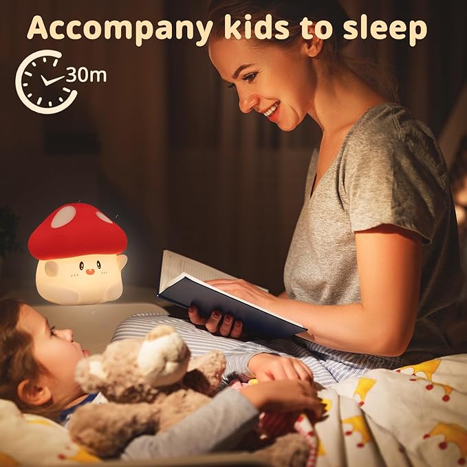 Cute Mushroom Lamp, 2 Levels Dimmable Mushroom Night Light with Timer, Rechargeable Kids Night Light for Baby Nursery, Kawaii Squishy Night Light Mushroom Decor for Kids Room Bedroom (Red)