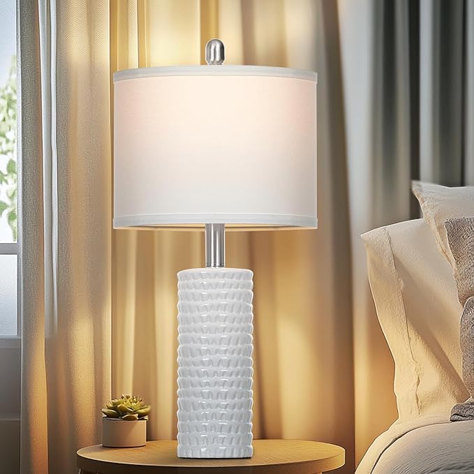 24.5" Modern Ceramic Table Lamps for Living Room ，Farmhouse Nightstand Lamps Set of 2 with White Linen Shade Office Reading Lamp ，Bedroom Lamps for Bedside End Table, Bedroom, Living Room, White