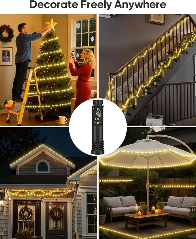 Rechargeable Rope Lights, Outdoor Waterproof String Lights with 1200mah Portable Rechargeable Battery, Timing & 8 Modes for Party Christmas Camping DIY Tree Trampoline (Warm White, 39FT)