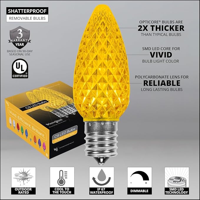 Wintergreen Lighting C9 OptiCore LED Commercial Outdoor Christmas Lights – Heavy Duty Christmas String Lights; Green Wire (25 Lights, 25 ft, Gold)