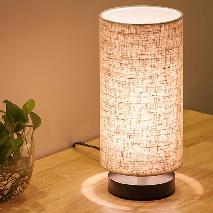 Table Lamp, Bedside Nightstand Lamp, Simple Desk Lamp, Fabric Wooden Table Lamp for Bedroom Living Room Office Study, Cylinder Black Base