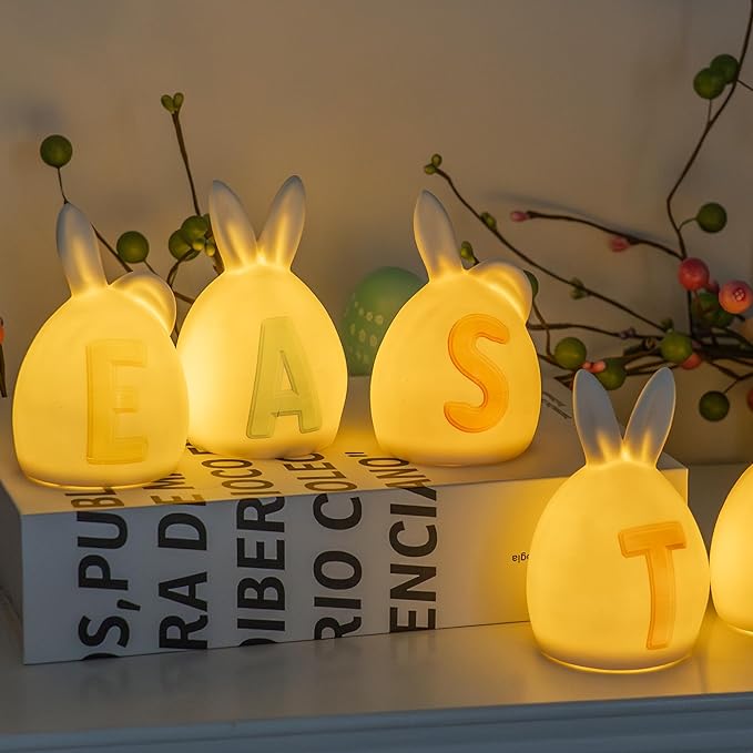 NEROSUN 6 Pack Easter Lettered Bunny Decorations, Ceramic Lighted White Rabbit Figurines Ornaments, Table Centerpiece for Easter Party, Spring Home Decor and Shelf Display
