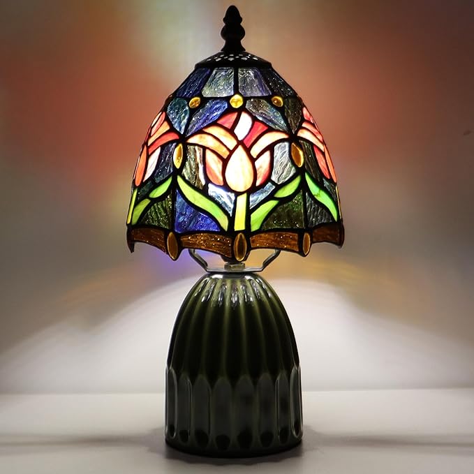 Tiffany Lamp Stained Glass Mushroom Table Lamps 6X6X12.5 Inch Red Tulip Style Small Night Light Ceramic Base Mini Accent Desk Light Suitable for Bedside Table Bedroom Children Room