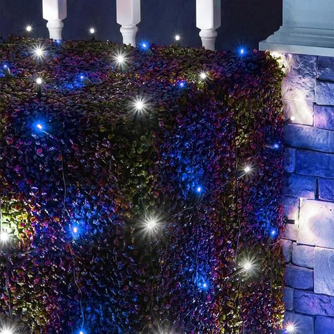 QITONG 4 Pack Blue and White Solar Fairy Lights, Each 33ft 100 LED Christmas String Light, 8 Modes Silver Wire Mini Twinkle Lighting for Tree Garden Yard Christmas