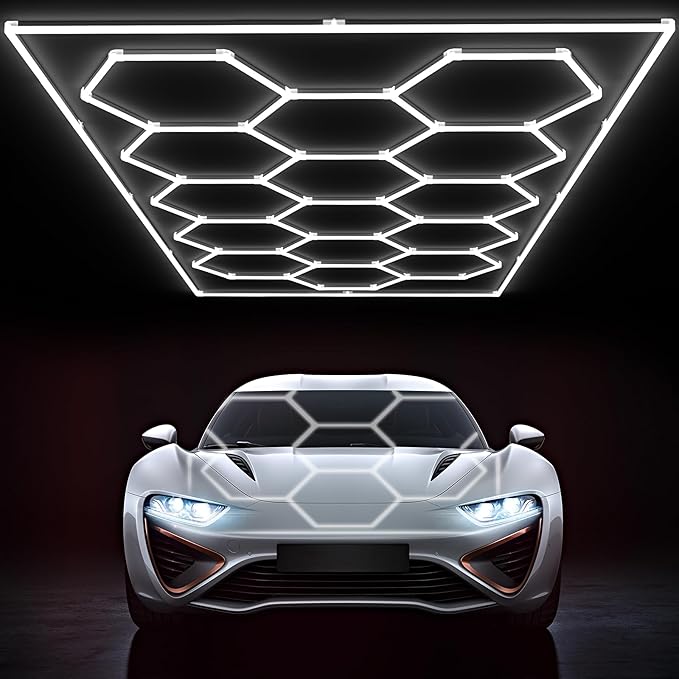 HYPERLITE Gen 2 Hexagon Garage Lights: 624W 62400LM 15 Grids Hexagon Led Lights, 6500K Ultra Bright Honeycomb Hex Lights, Easy Install, Durable Design for Garage, Car Detailing, Workshops, Gym