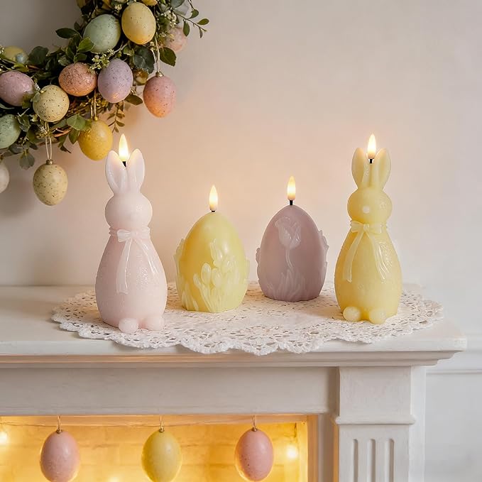 WDS WONDROUS Easter Flameless Candles Set of 4, LED Bunny & Egg Candles with Floral Embossed Design, Pink & Yellow Battery Operated Candle for Home Decor, Gift for Women, Mom, Easter Decor