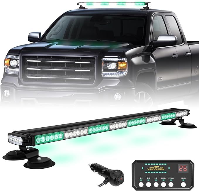 XRIDONSEN 37 Inch 104 LED Roof Top Green White Emergency Lights Magnetic Traffic Advisor Strobe Light Bar Double Side Warning Flashing Safety Lights for Firefighter Vehicles POV Fire Trucks Pickup