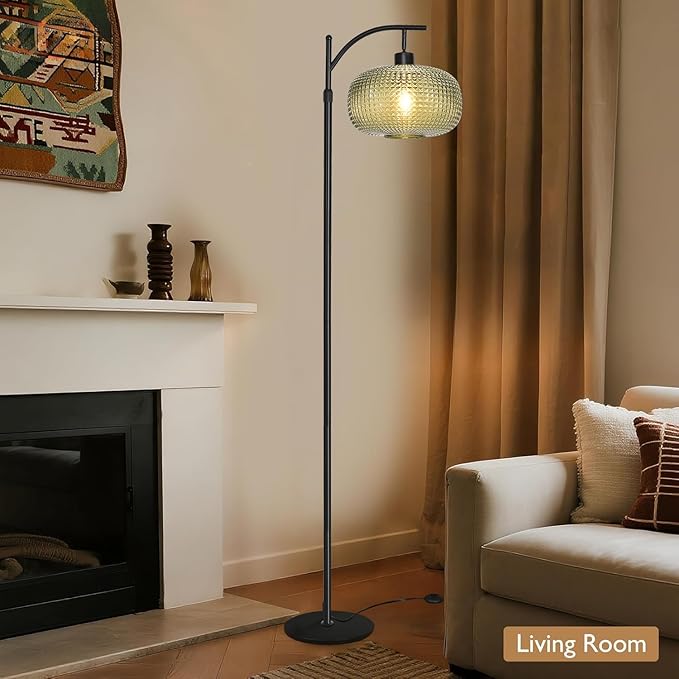 Floor Lamp for Living Room,Bedroom,Mid Century Modern Standing Lamp with Remote,Dimmable Brass Tall Lamp Dark Green Glass Lamp Vintage Retro Arc Floor Lamps Floor Light Boho Bohemian