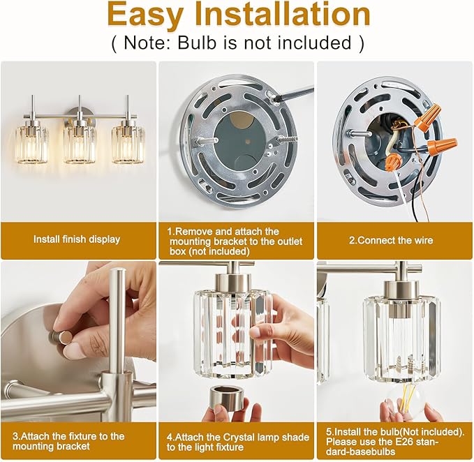3 Light Crystal Bathroom Light Fixtures, Brushed Nickel Vanity Mirror Lights, Crystal Bath Vintage Wall Mounted Lamps Wall Light Fixtures for Bathroom, Living Room