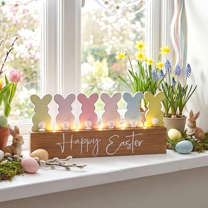 Yousoontic Easter Decorations Wooden Bunny Table Decor with LED Lights, Lighted Bunny Butt Centerpiece, 3D Farmhouse Easter Rabbit Sign for Mantel, Tiered Tray, Home Desk, Office, Spring Party