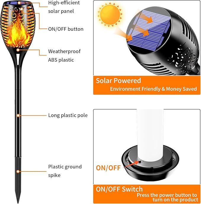 solar outdoor lights, 6Pack Solar Torch Light with Flickering Flame, Garden Lights Waterproof for Halloween Decor, Tiki Torches for Outside, Luces Solares para Exteriores Pathway Yard Garden Decor.