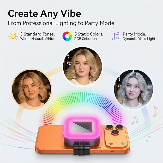 Magnetic Selfie Light Foldable Phone Night with Mirror Rechargeable RGB LED Fill Light Disco Party Mode Portable Ring Light for iPhone Magsafe for Selfies/Photography/TikTok/Zoom Calls (White)