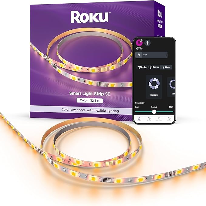 Roku Smart LED Light Strip, 32.8ft - Color Options with Adjustable Brightness & Temperature - Peel & Stick WiFi Smart Strip Lights Works with Roku Voice, Alexa & Google Assistant - Smart Home Products