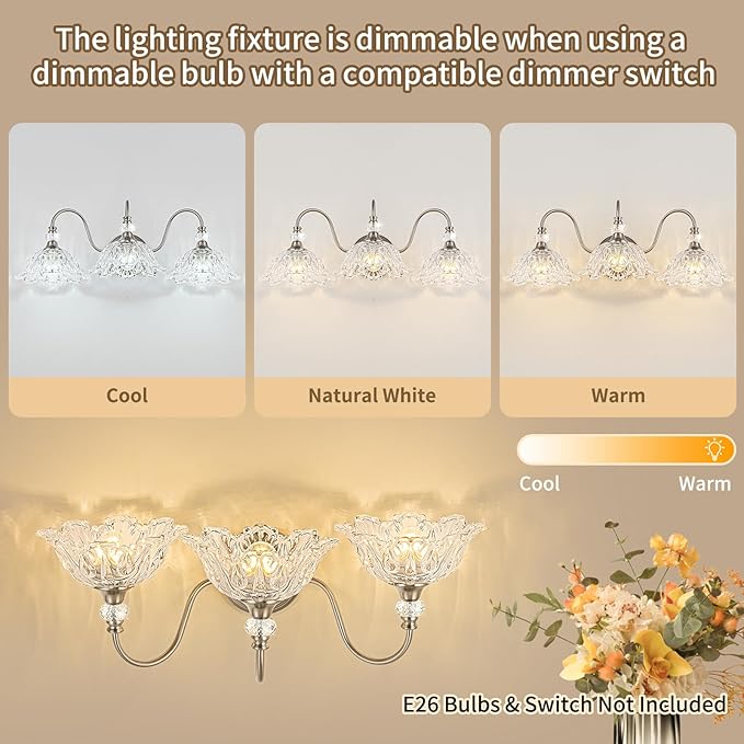 Brushed Nickel 3-Light Bathroom Vanity Light with Floral Clear Glass Shades, Brushed Nickel Wall Mount Lighting for Bathroom, Dressing Table