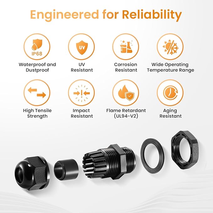 QILIPSU 12pcs 3/8" NPT Cable Gland Waterproof IP68 Nylon Cable Pass Through Cord Grip Connector Strain Relief Wire Grommet