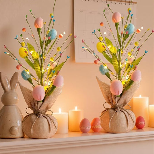 2 Pack 18 Inch Pre-lit Floral Easter Egg Tree Tabletop Decor, Detachable Battery Powered LED String Lights, Spring Centerpiece for Indoor Home Mantel Table Easter Party