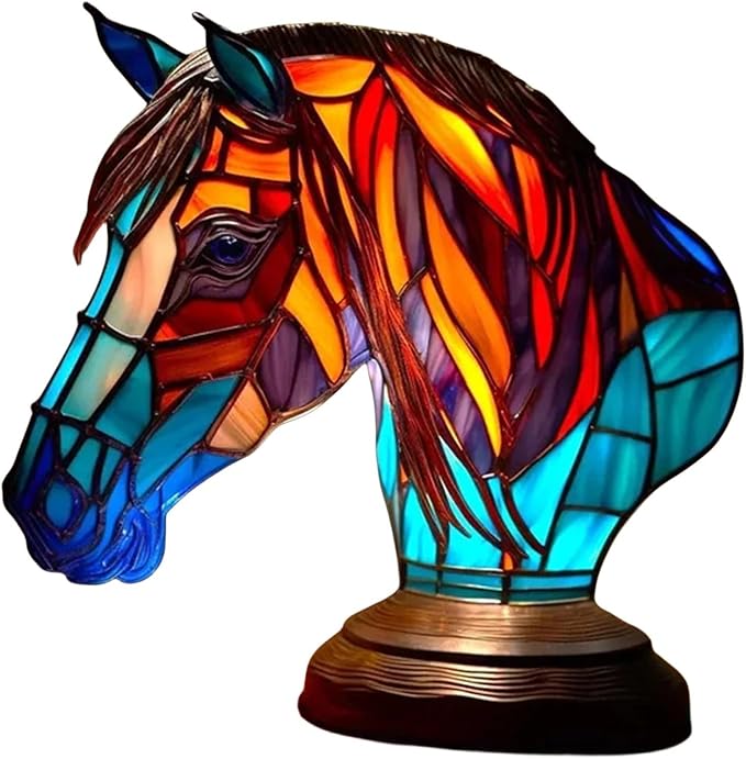 Mmoneyake Animal Table Lamp Series, Retro Table Lamp, Stained Wolf Horse Lion Elephant Dolphin Goat Owl Turtle Bedside Lamp Night Light Dyed Resin Lamp for Bedroom Animal Lovers Home Decoration