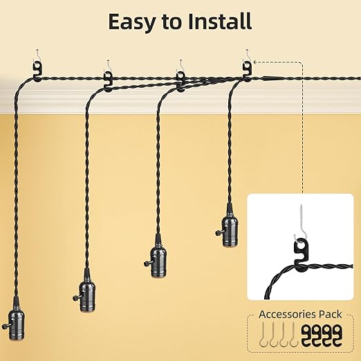 Vintage Plug-in Pendant Light Kit with 1-to-4 Hanging E26/E27 Sockets, Industrial Hanging Light with Individual Rotary Switches, Easy DIY Lighting for Living Room, Patio and Plant Corners, Black