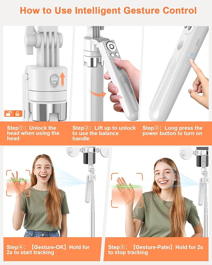 71” Auto Face Tracking Tripod for iPhone with Light,360° Rotating Phone Stand with Rechargeable Remote Control for TikTok Vlog, Phone Tripod for Android Camera/GoPro/Ring Light (White)