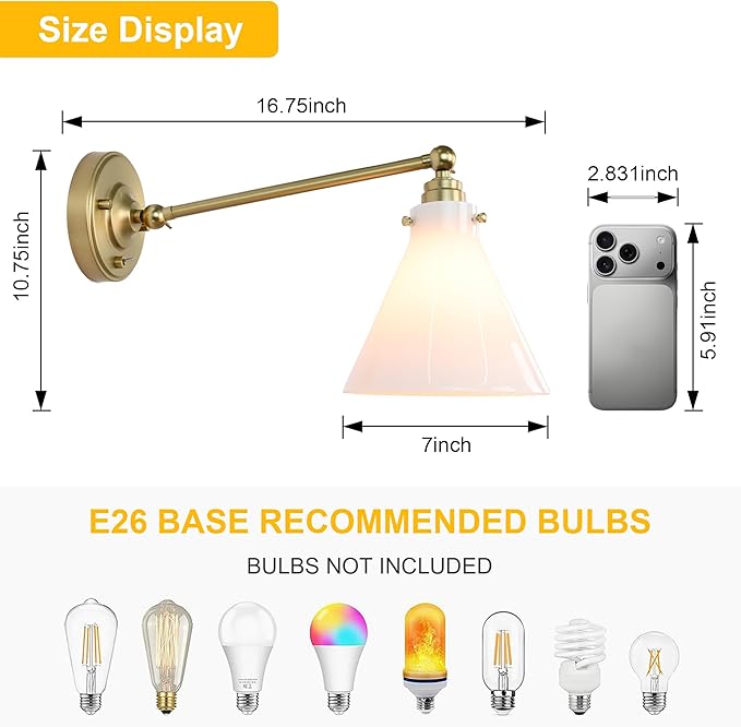 Industrial Vintage Slope Pole Wall Mount Single Sconce with Funnel Flared Clear Glass Shade, Swing Arm Wall Sconce Light Lamp Fixture Hardwired