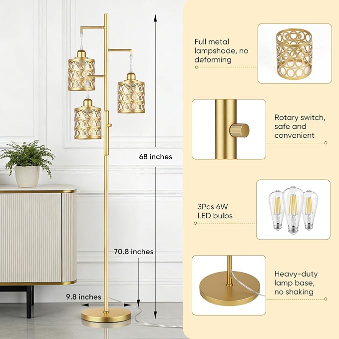 QiMH Gold Industrial Floor Lamps for Living Room, Modern Standing Lamp with Stepless Dimmable, 68" Tall Lamps for Bedroom Home Office, 3 LED Bulbs Included