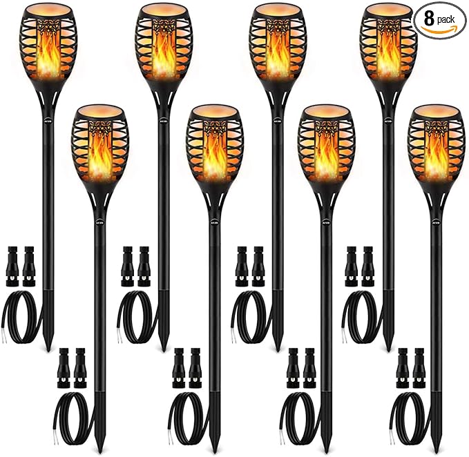 LUYE Low Voltage Torch Landscape Lights Wired Flickering Flames Torches Pathway Lights 12V Outdoor Torch Lighting with Connector Waterproof Landscape Lighting for Christmas Yard Decoration (8Pack)