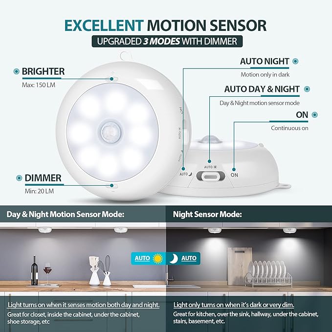 Alivation Motion Sensor Light Indoor, LED Closet Lights Battery Operated, Motion Sensor Night Light Under Cabinet Lighting, 3 AA Battery Powered Lights, Puck Lights for Wall, Stair, Dimmable (3 Pack)