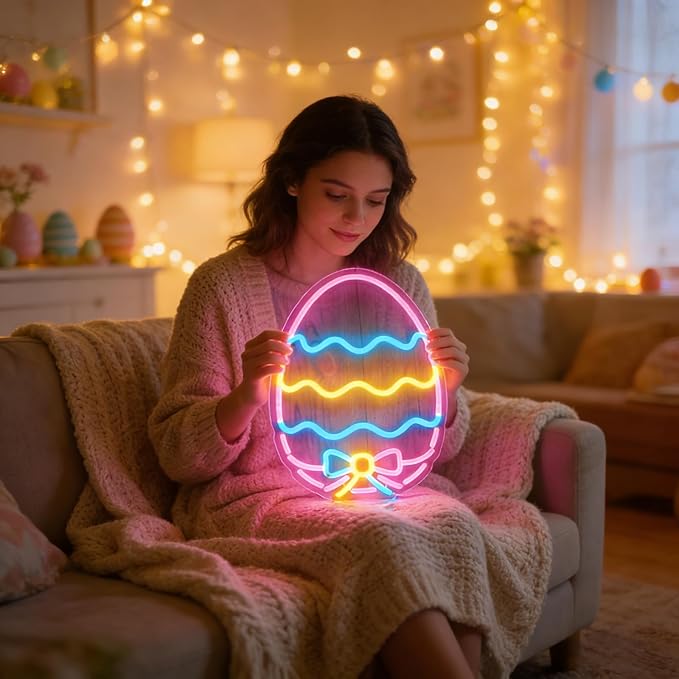 Easter Eggs Neon Sign - Multicolor Pastel LED Wall Light, USB Powered Dimmable Spring Decor with Hanging Chain - Perfect for Easter Party Decorations & Home festive Decor