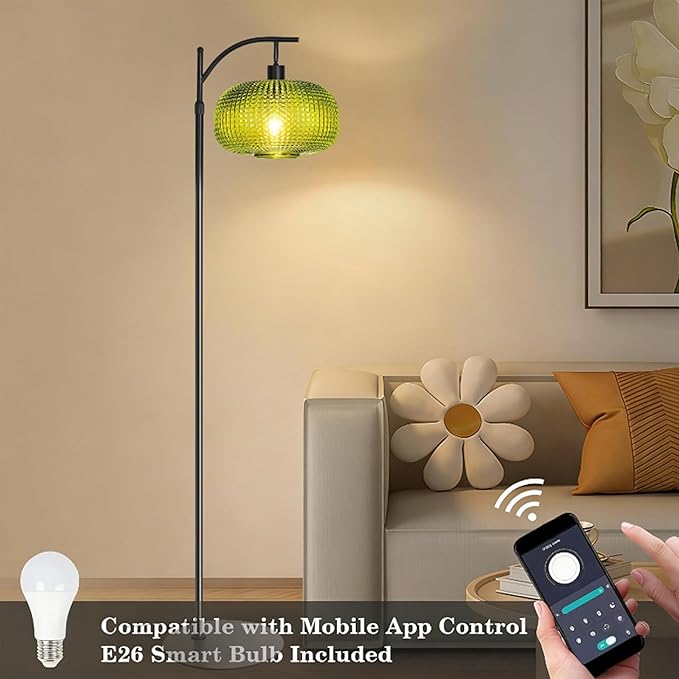 Floor Lamp for Living Room with Green Glass Shade, Modern Standing Lamp with Remote Control, Black Dimmable Tall Lamp for Bedroom Office with 12W LED Bulb