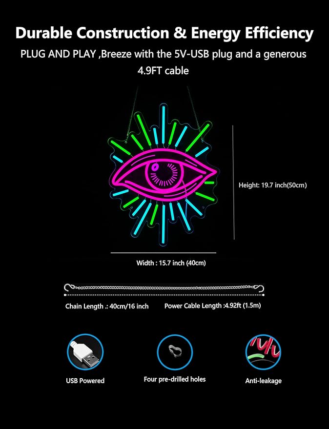 Evil Eye Neon Sign,19.7 Inch Giant Evil Eye Light up Sign - Cool Neon Light Wall Decor for Home Karaoke Bar Restaurant Pub Cafe Salon Game Room, USB Powered (19.7 x 15.7 inches, 1Pack)